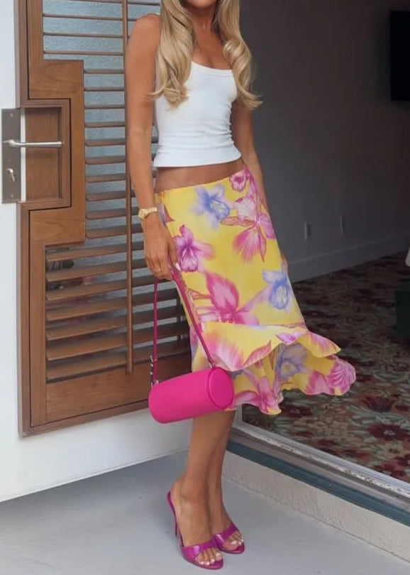 Yellow Tropical Floral Print Ruffle Midi Skirt