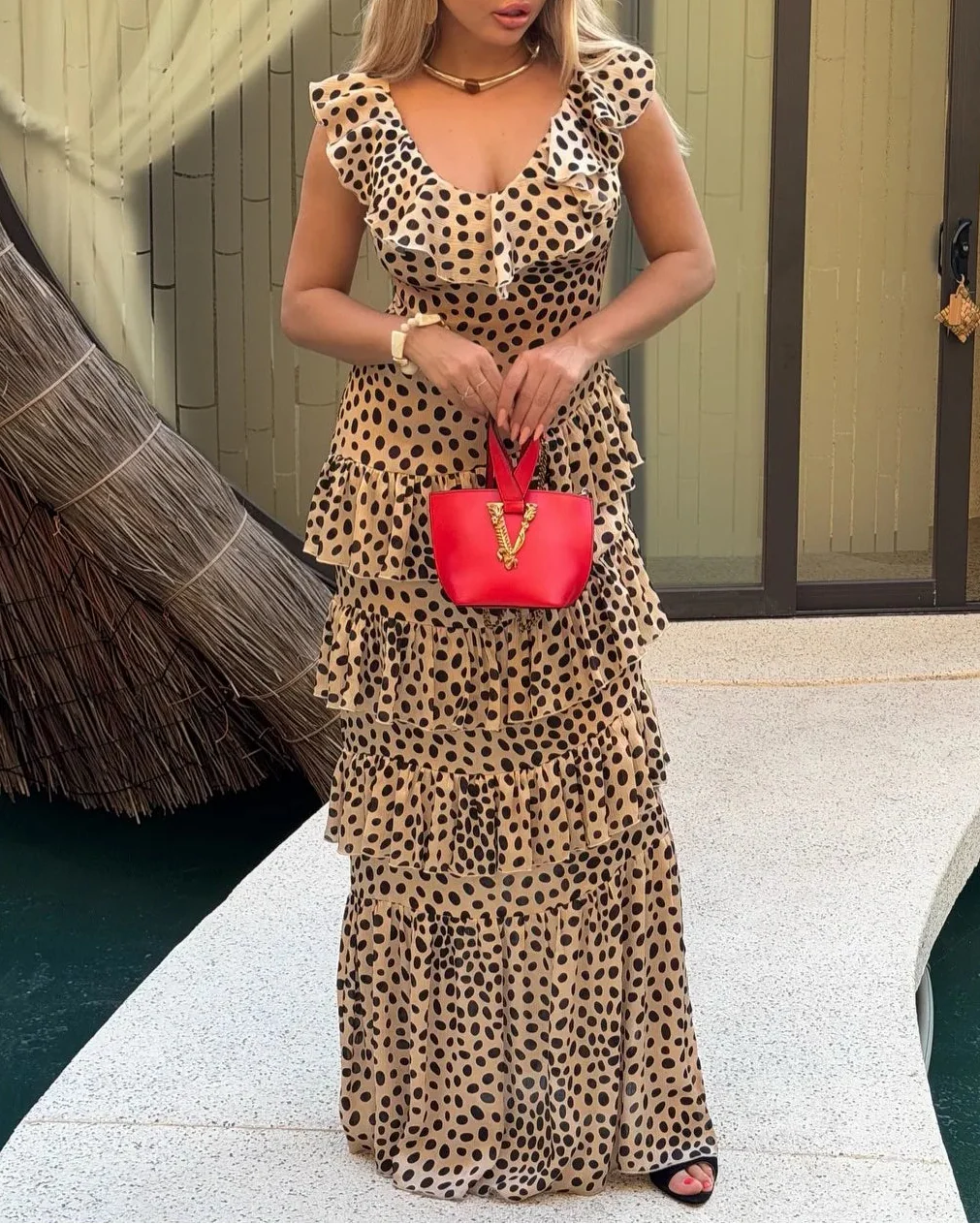 Wild Animal Print V-Neck Ruffle Split Maxi Dress