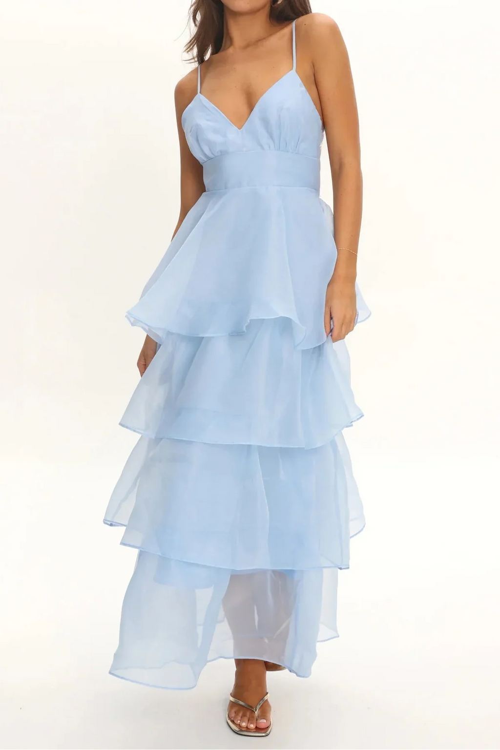 Light Blue V-Neck Spaghetti Strap Open Back Tiered Ruffle Cake Maxi Dress