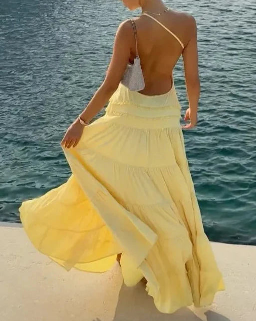 One-Shoulder Open-Back Tiered Maxi Dress