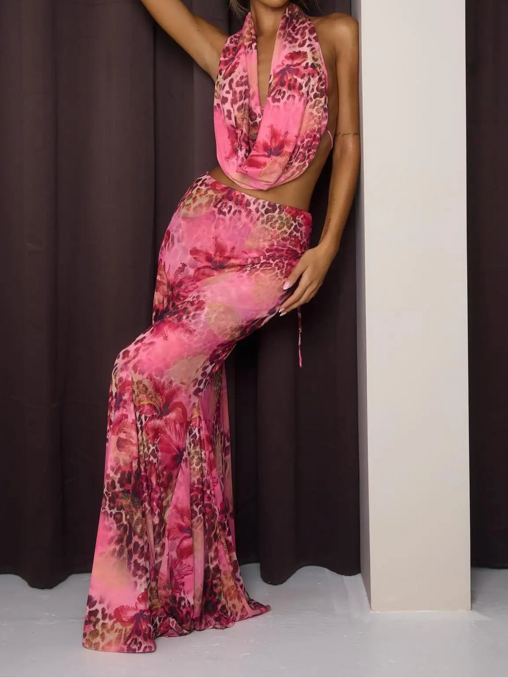 Pink Leopard Print Halter Backless Two-Piece Set