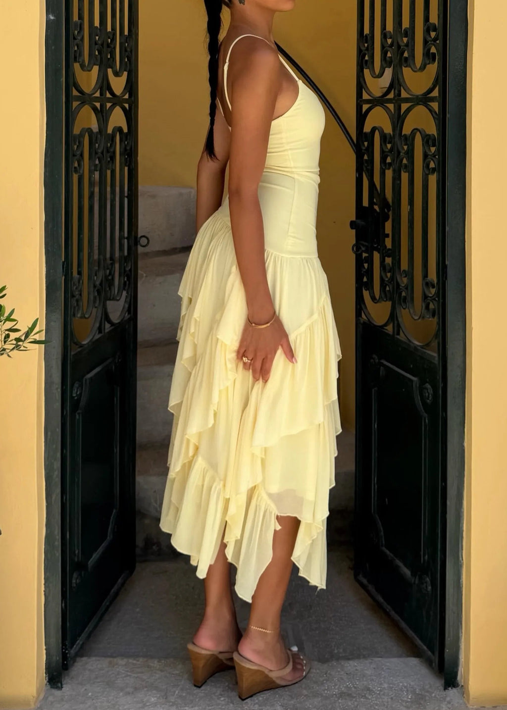 Light Yellow Cami Strap Asymmetric Ruffle Midi Dress