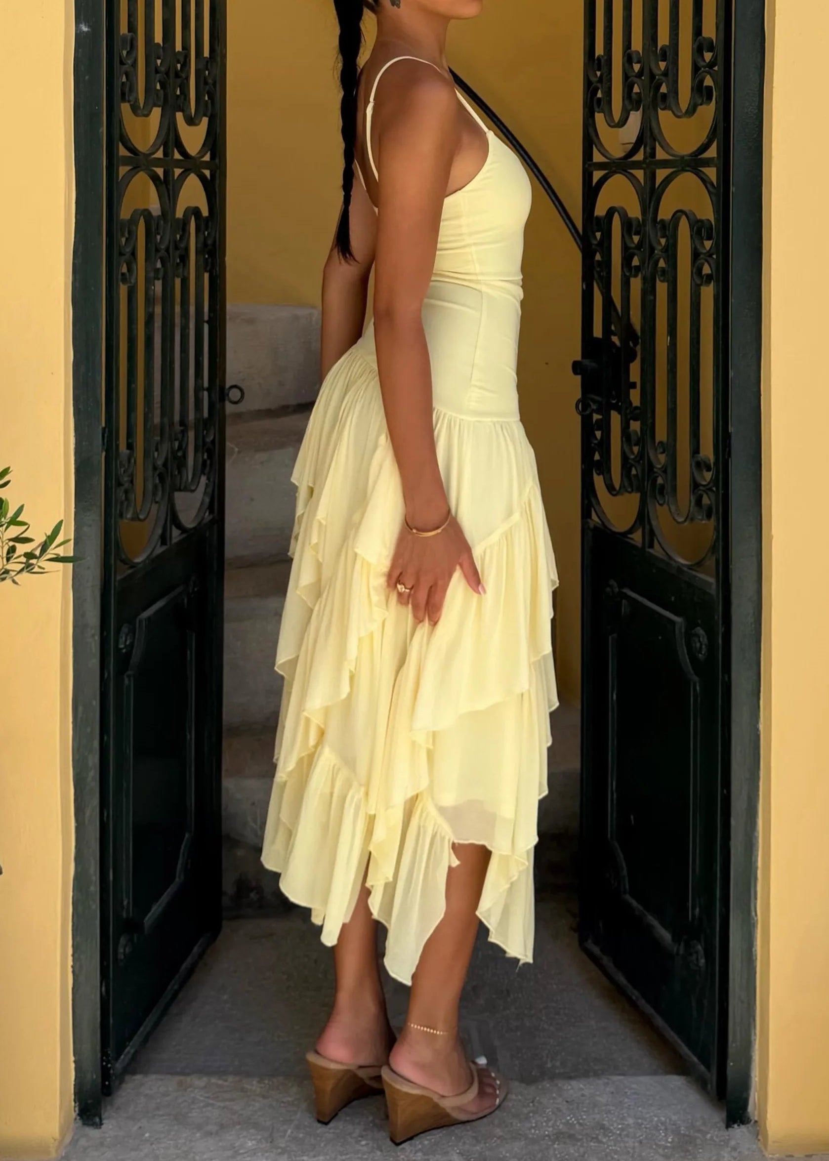 Light Yellow Cami Strap Asymmetric Ruffle Midi Dress