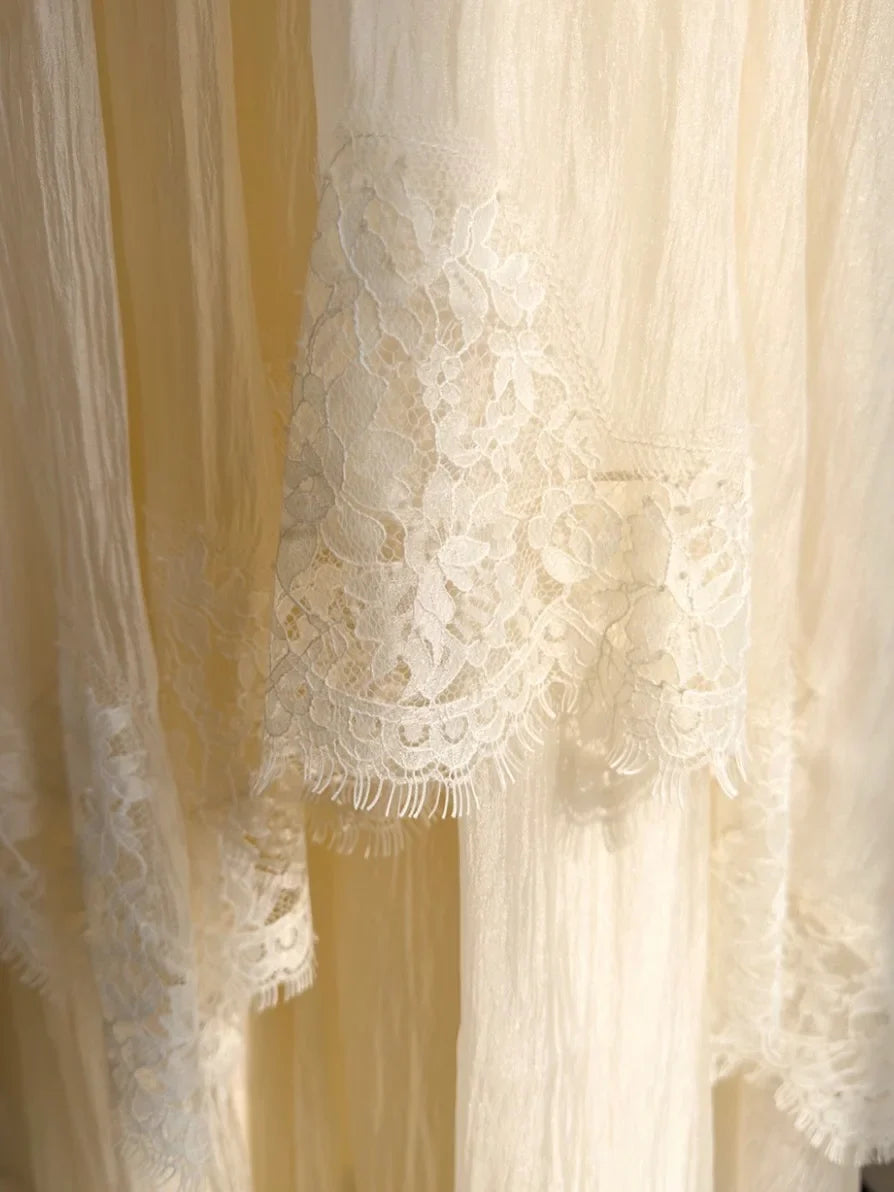 Cream Lace Tiered Open-Back Spaghetti Strap Maxi Dress