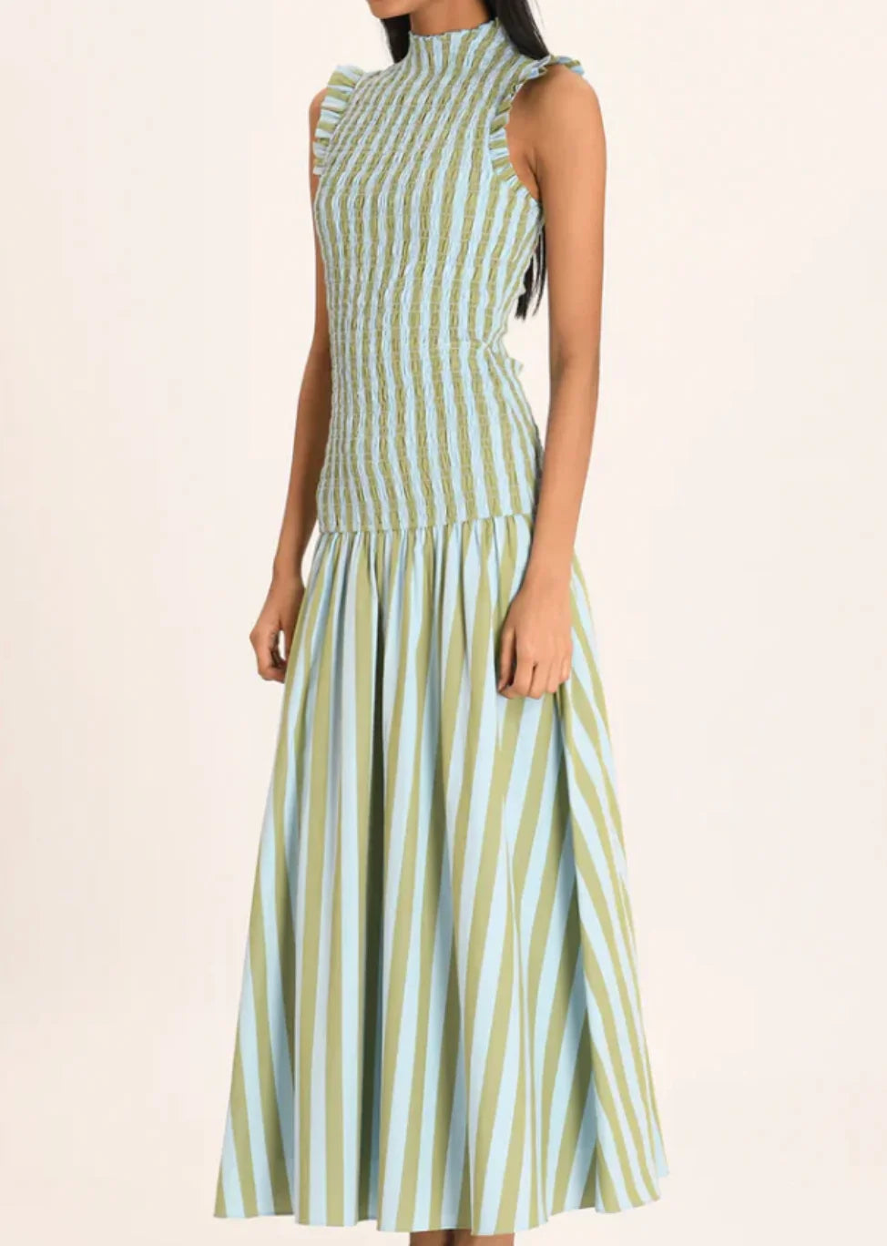 Women Sleeveless Ruffle High Neck Smocked Vertical Stripe Midi Dress