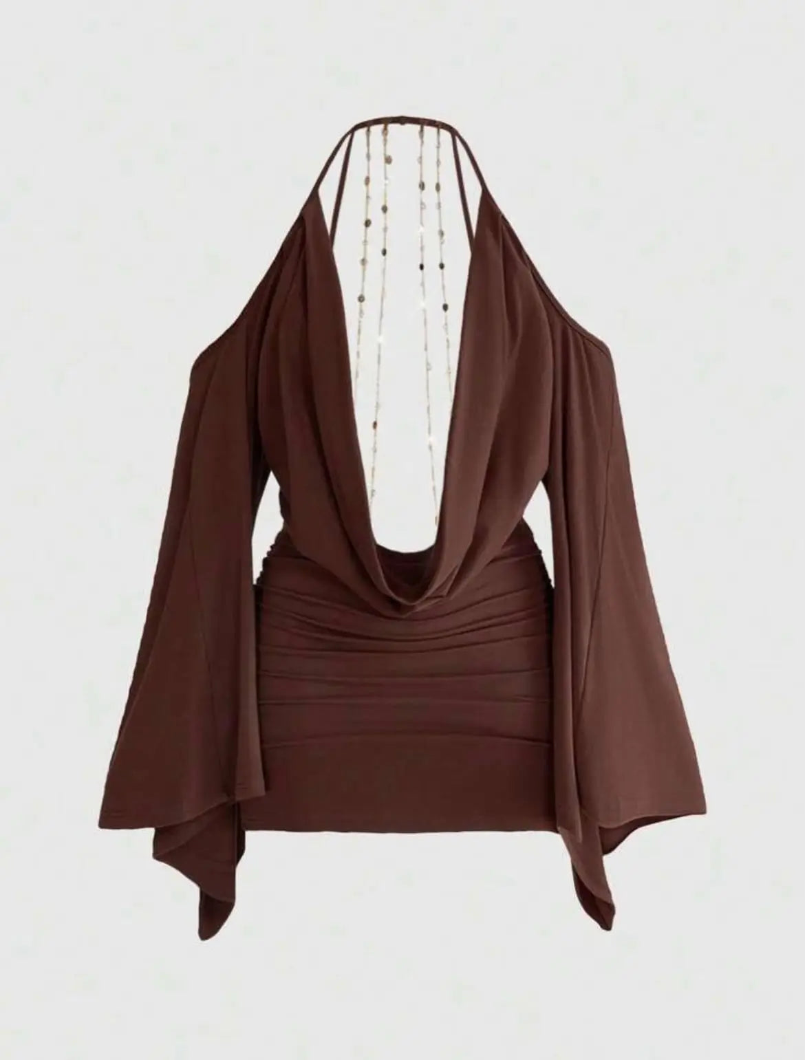 Brown Halter Cowl Neck Off-Shoulder Flare Sleeve Chain Backless Mini Dress