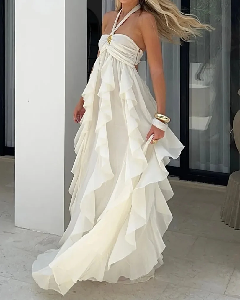 Cream White Halter Gold Rose Ruffled Backless Maxi Dress
