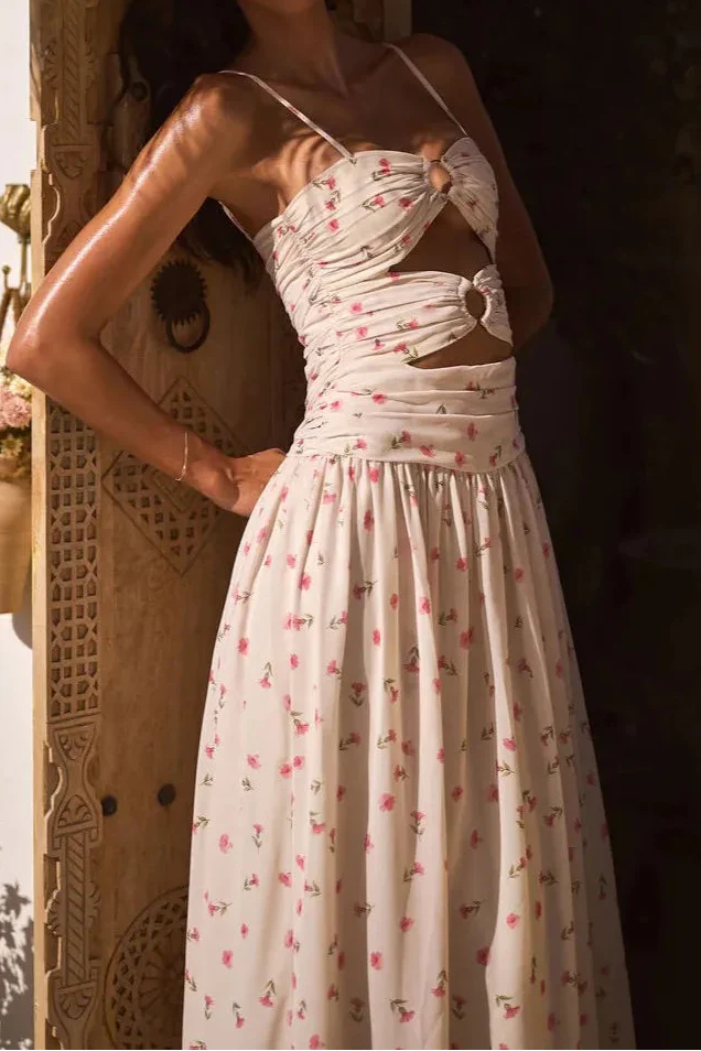 Beige Pink Floral Cutout Ruched Cami Maxi Dress | Vacation Style Sexy Backless Beach Dress