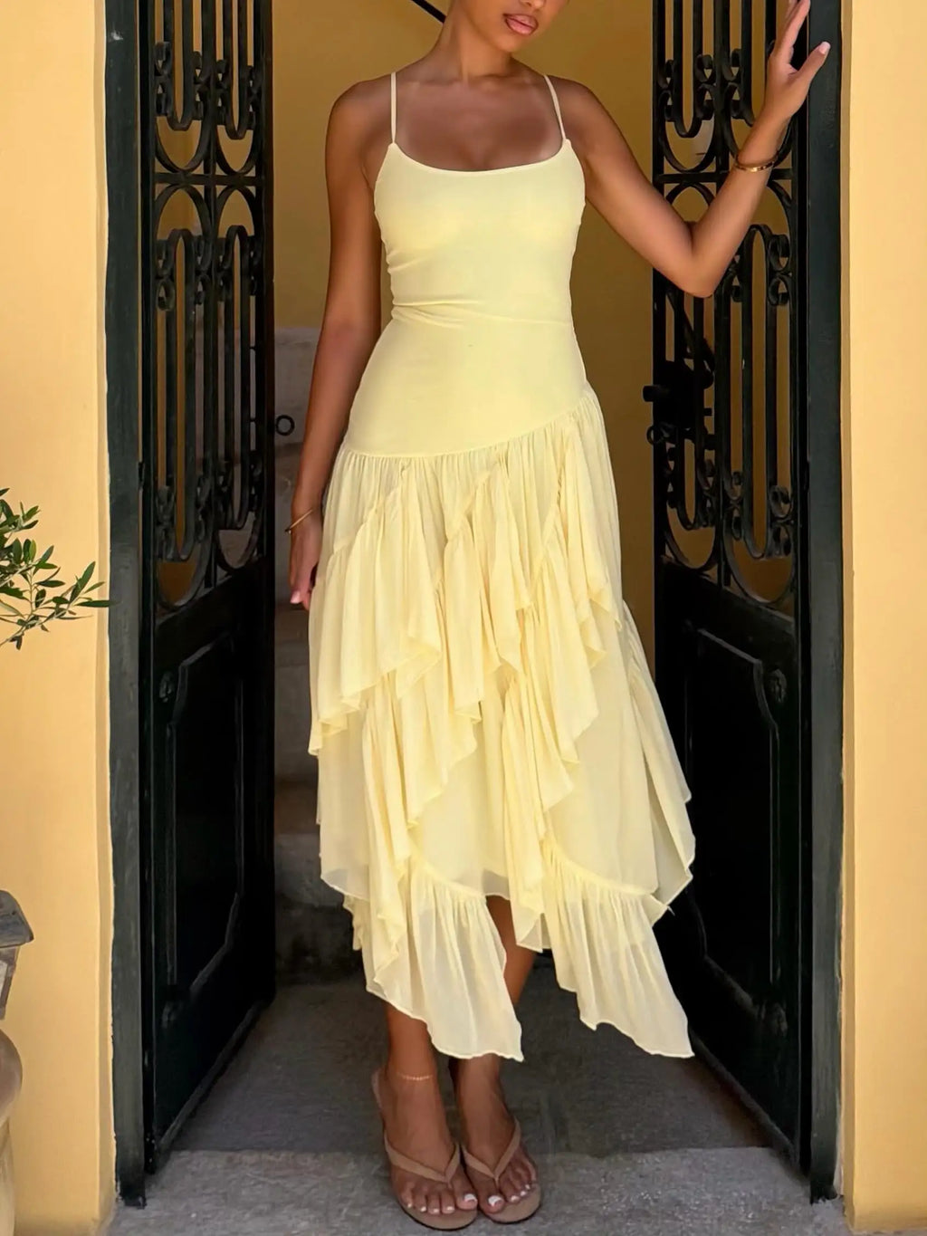Light Yellow Cami Strap Asymmetric Ruffle Midi Dress