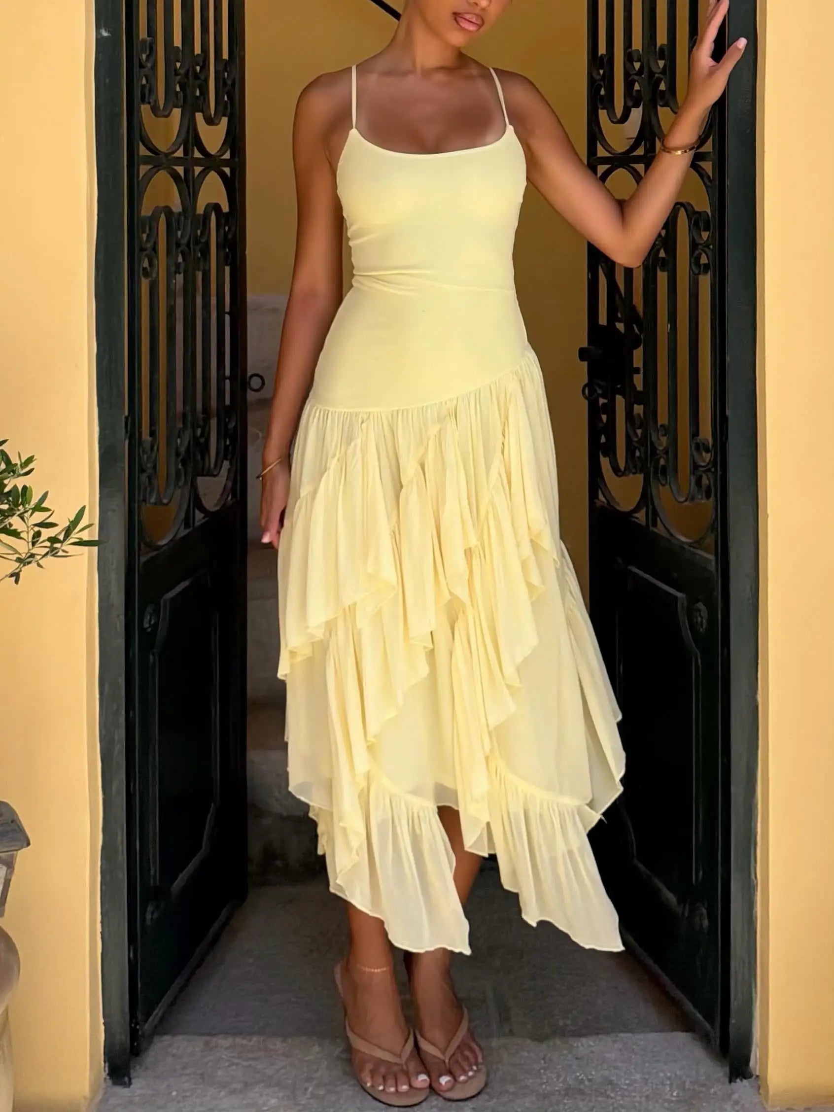Light Yellow Cami Strap Asymmetric Ruffle Midi Dress