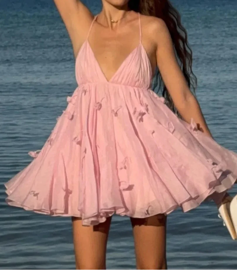Halter Deep Open Back Flower Pink Beach Vacation Mini Dress