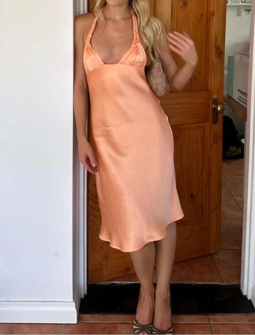 Peach Satin Braid Halter Deep V Midi Dress