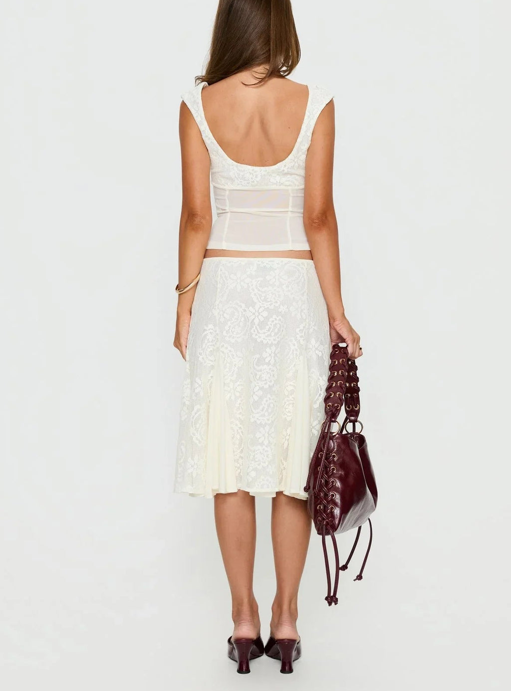 Gentle Style White Lace Patchwork Mesh Camisole Top + Midi Skirt Two-Piece Set