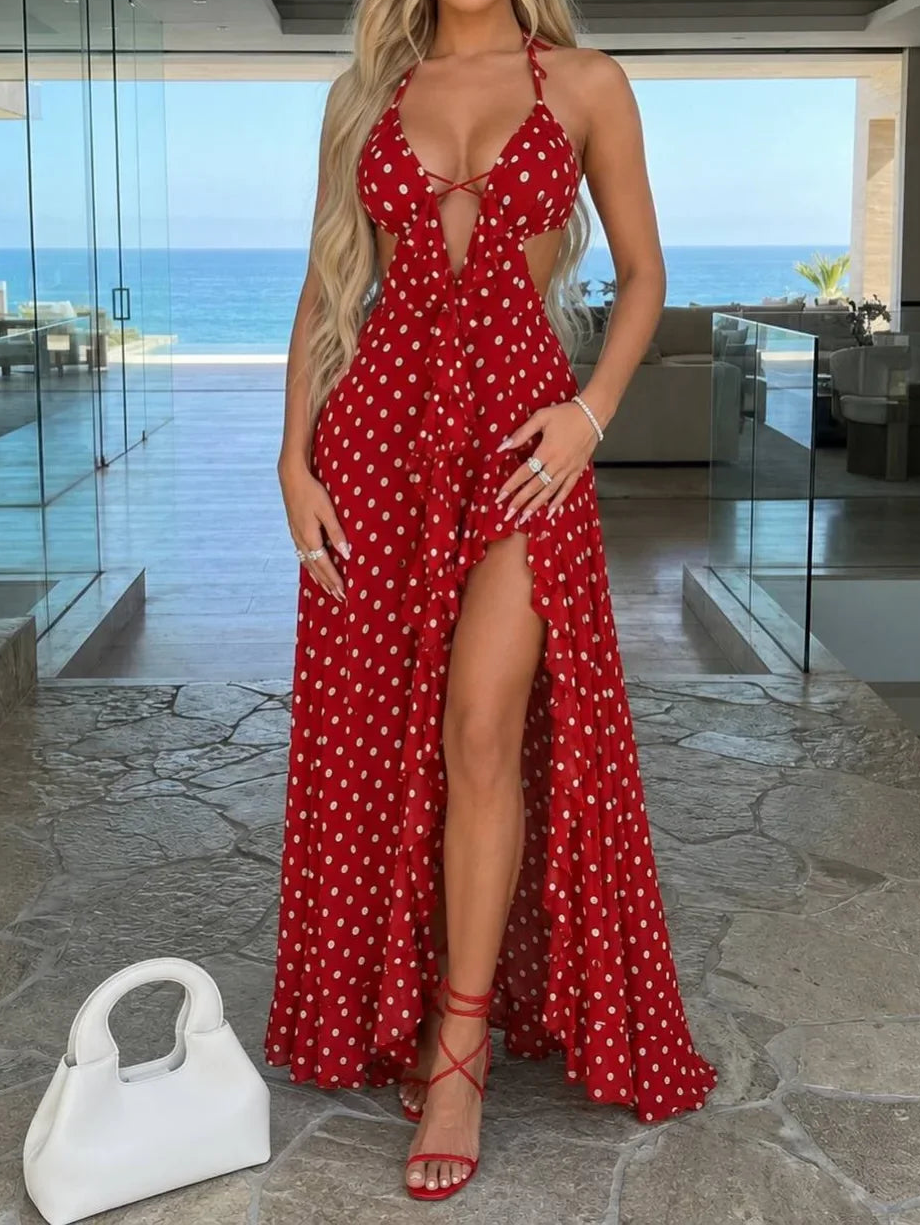 Polka Dot Halter Ruffled Cut-Out High-Slit Maxi Dress