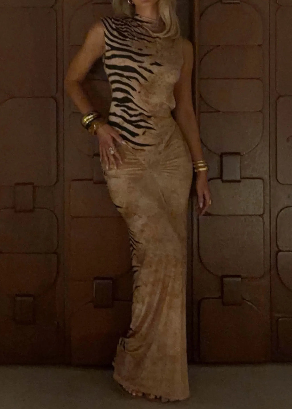 Asymmetric Turtleneck Zebra Print Open-Back Bodycon Maxi Dress