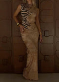 Asymmetric Turtleneck Zebra Print Open-Back Bodycon Maxi Dress