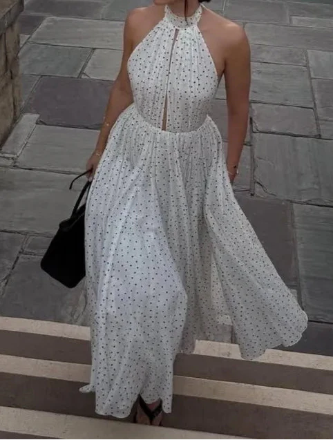 Polka Dot Halter Open Back Flowy A-line Maxi Dress