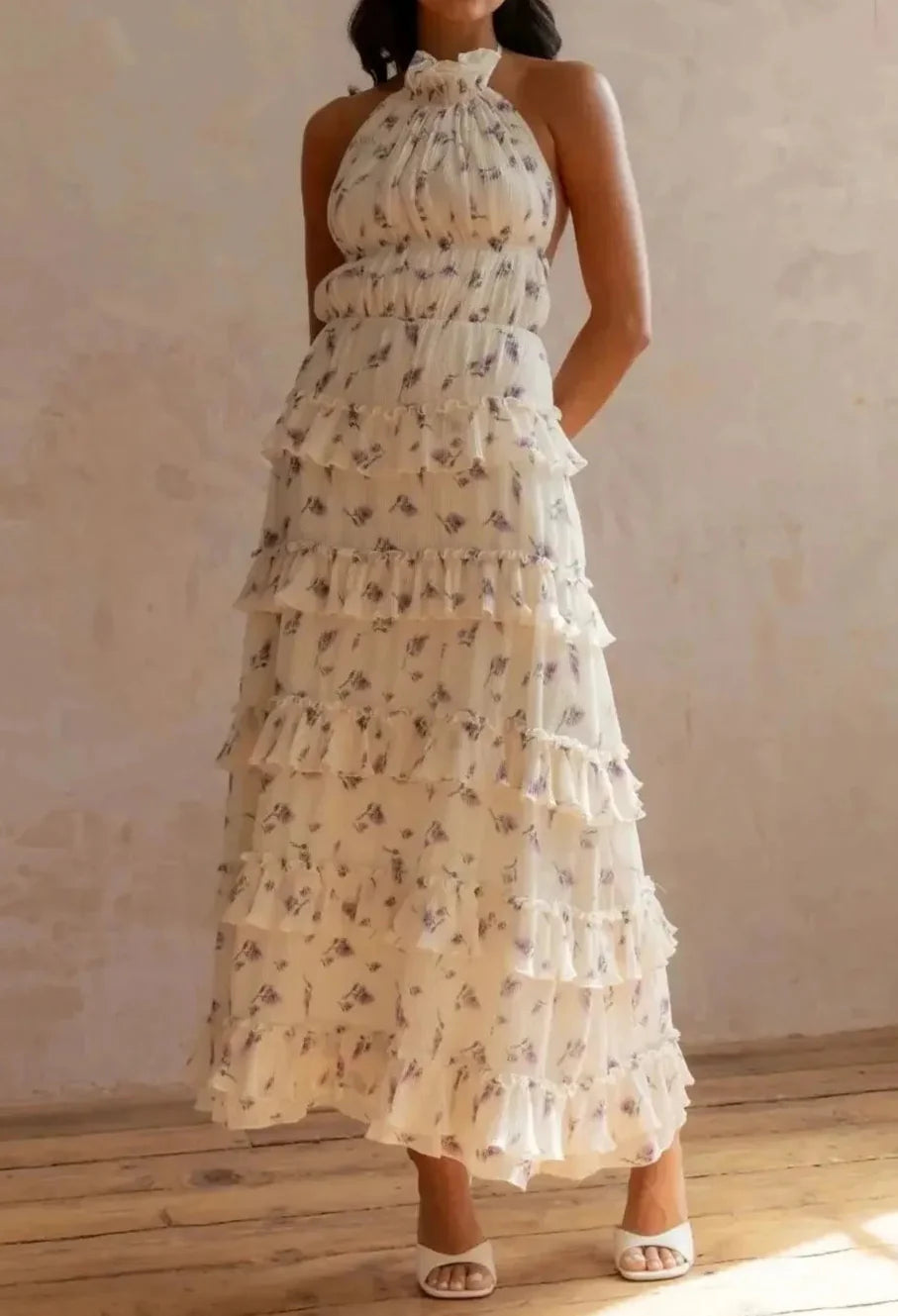 Beige Purple Floral Halter Tie-Back Backless Ruffle Maxi Dress | Vacation Style Elegant Floral Dress
