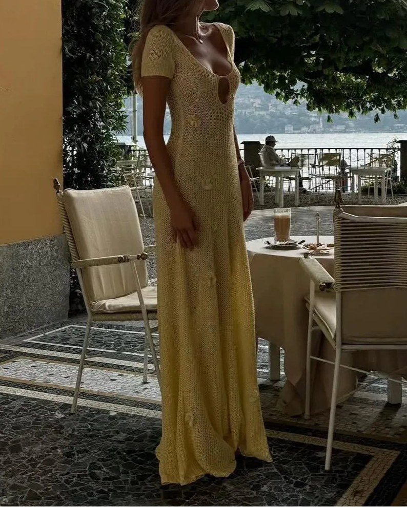 Cream Yellow 3D Flower U-Neck Cutout Knit Backless Maxi Dress
