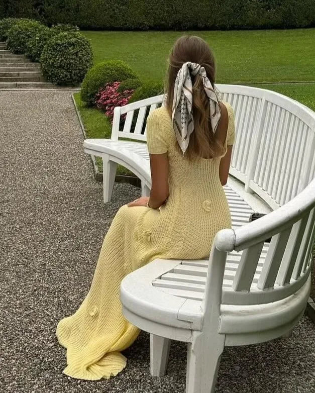 Cream Yellow 3D Flower U-Neck Cutout Knit Backless Maxi Dress