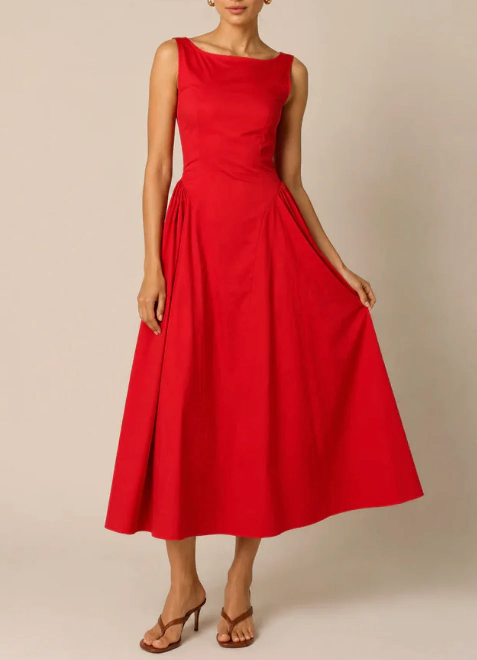 Women Sleeveless Boat Neck Open Back Solid A-Line Midi Dress