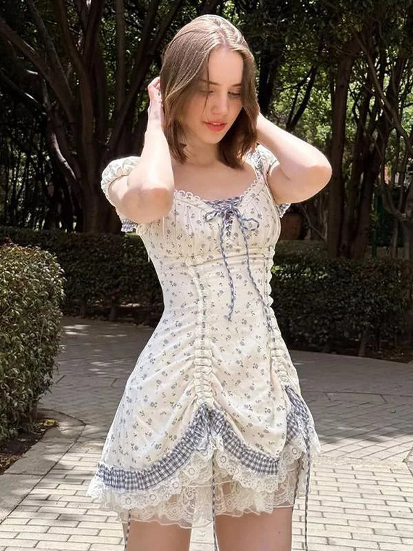 French Countryside Floral Puff Sleeve Mini Dress | Lace Trim Ruched
