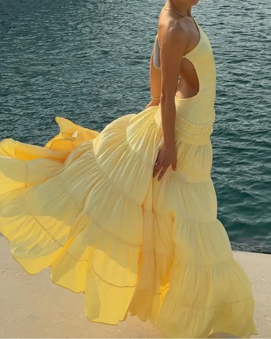 One-Shoulder Open-Back Tiered Maxi Dress