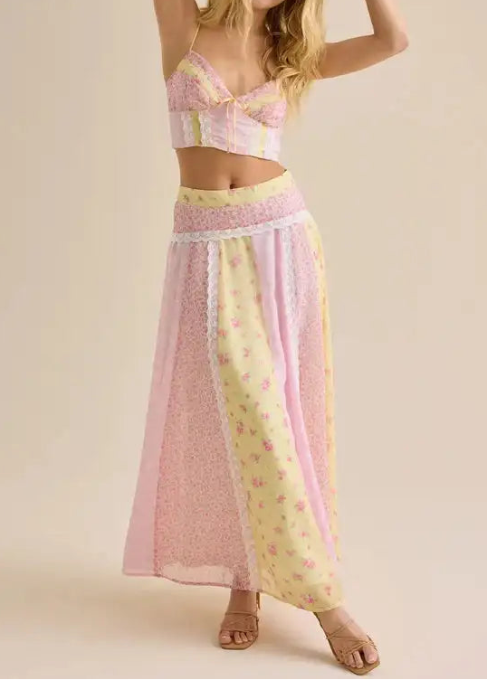 Pink Yellow Patchwork Floral Lace Cami Crop Top & Maxi Skirt Two Piece Set