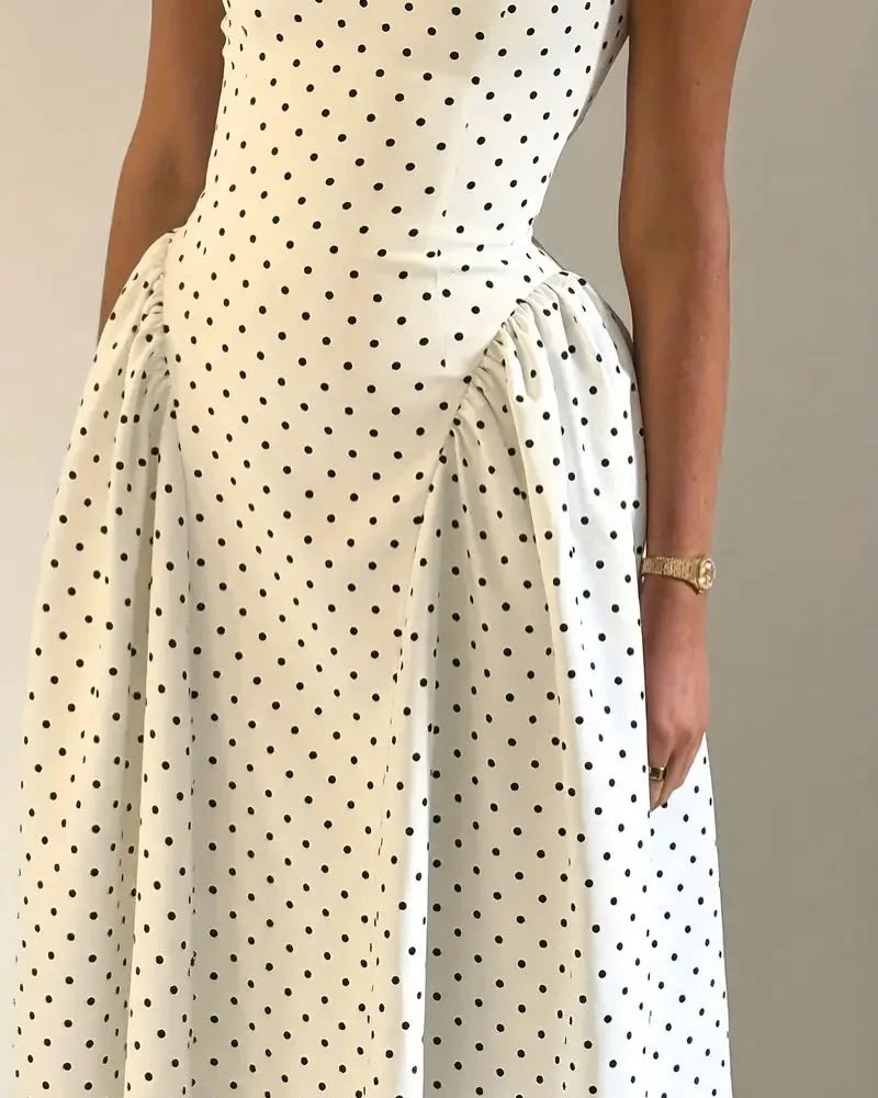 French Vintage Polka Dot Stand Collar Waist-Cinching Flare Maxi Dress | Elegant Commuter Slimming A-Line Dress