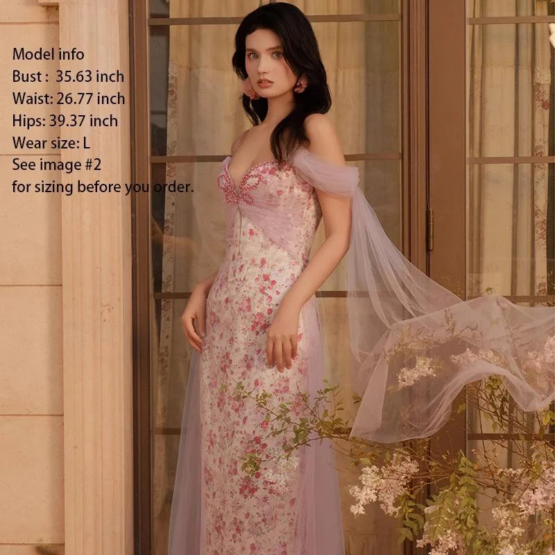 Lilac Butterfly Beaded Tulle Floral Mermaid Maxi Dress