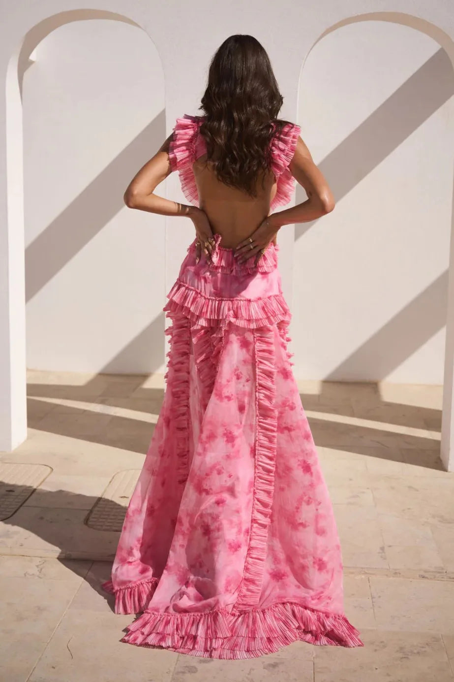 Pink Tie-Dye Ruffle Backless High Slit Maxi Dress | Vacation Style Sexy Party Gown