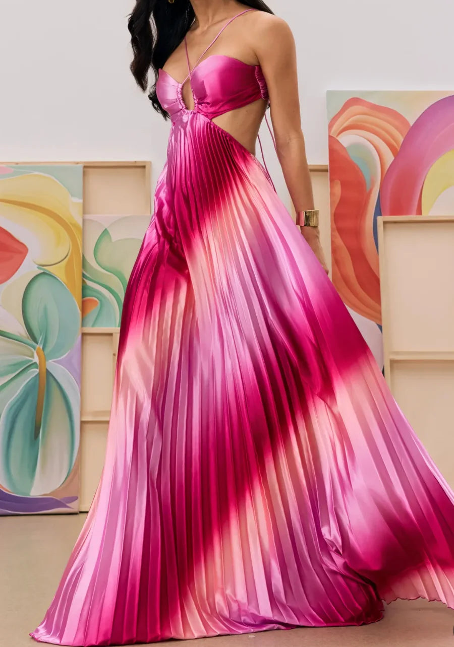 Women Spaghetti Strap Cutout Gradient Pleated Satin Maxi Evening Dress