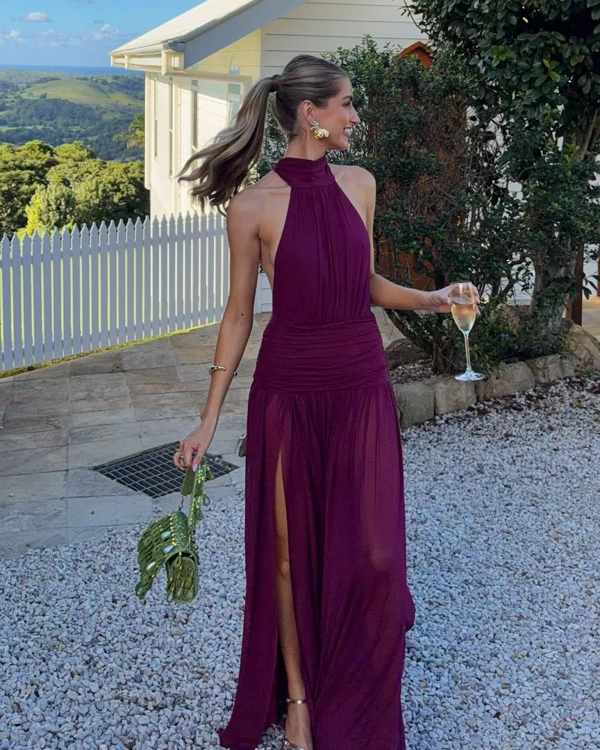 Halter Neck Open Back Draped Slit Maxi Gown