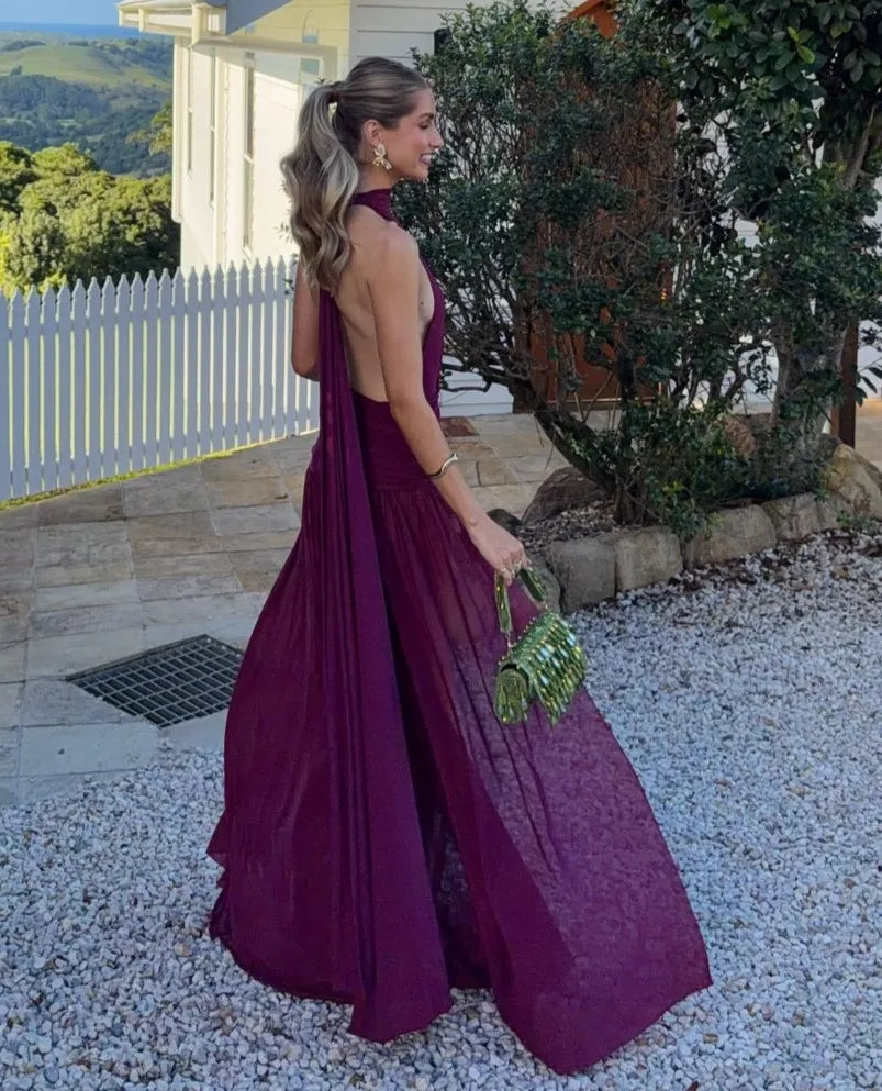 Halter Neck Open Back Draped Slit Maxi Gown