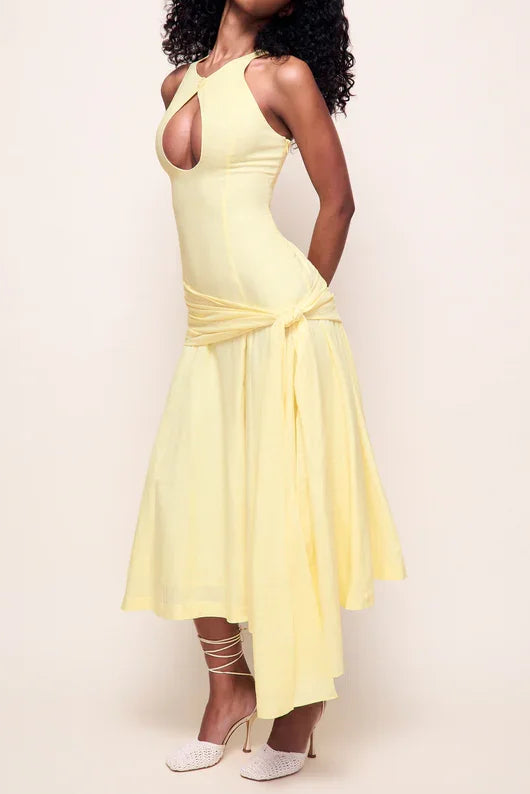 Halter Cutout Waist Tie Irregular Midi Dress