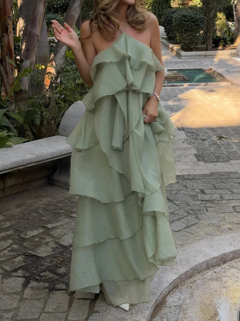 Mint Green Halter Open-Back Tiered Ruffle Maxi Dress