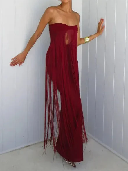 Burgundy Strapless Fringe Cut-Out Maxi Evening Gown