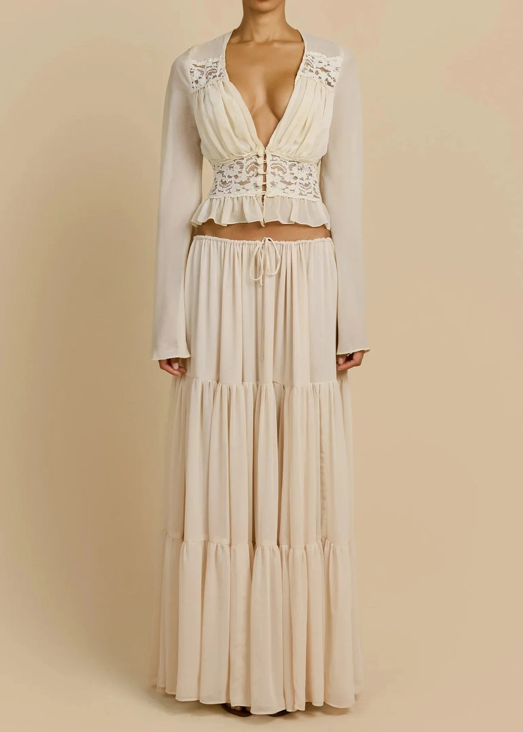 Lace Patchwork Flare Sleeve Waist Top + Tiered Ruffle Maxi Skirt Set