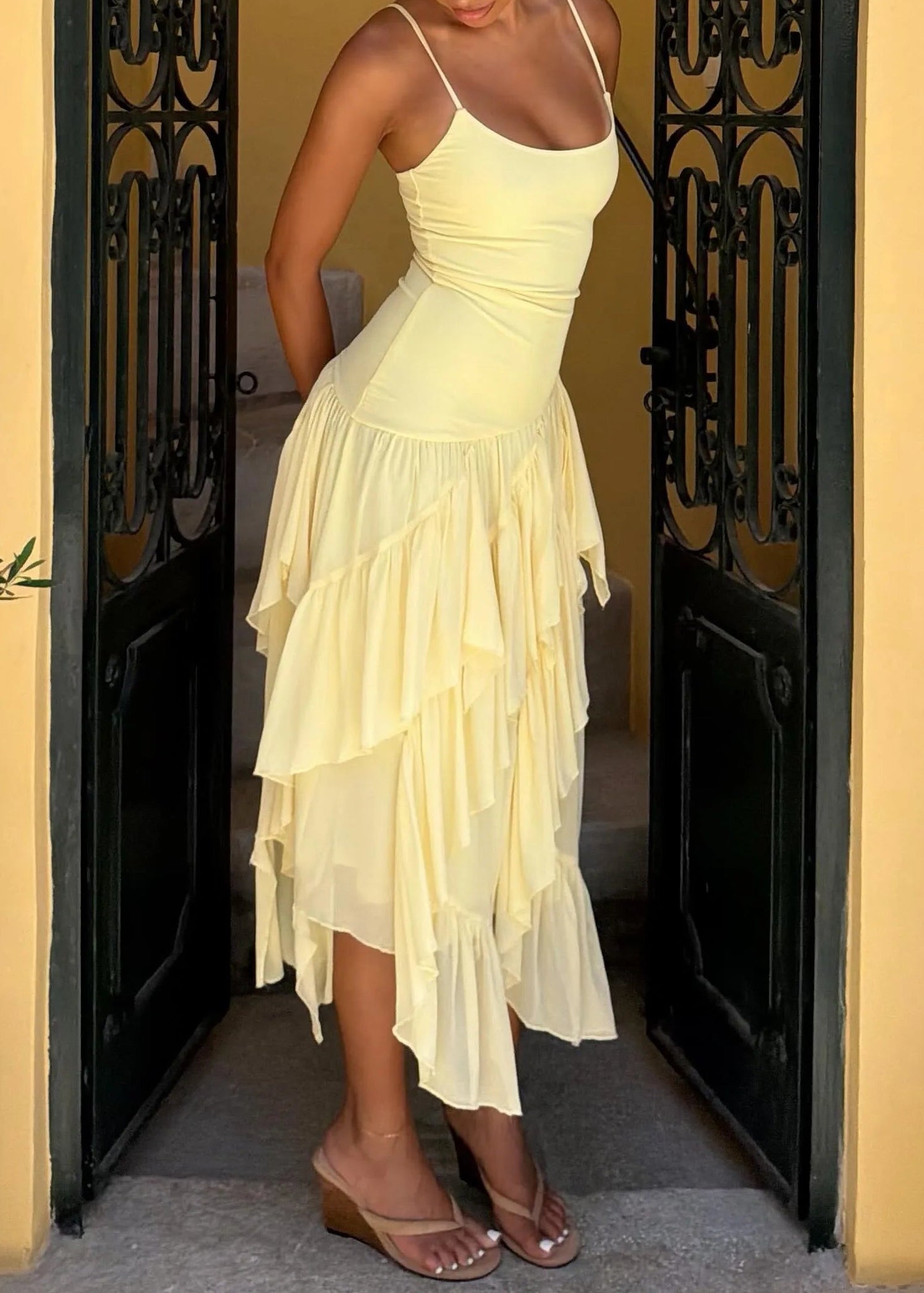 Light Yellow Cami Strap Asymmetric Ruffle Midi Dress