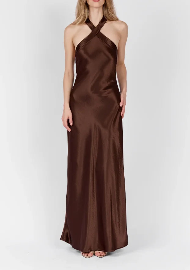 Women Cross Halter Open Back Tie Back Solid Satin Maxi Slip Dress