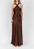 Women Cross Halter Open Back Tie Back Solid Satin Maxi Slip Dress