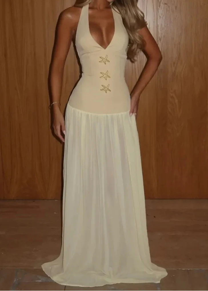 Light Yellow Halter Starfish Accent Waist-Cinched Chiffon Maxi Dress
