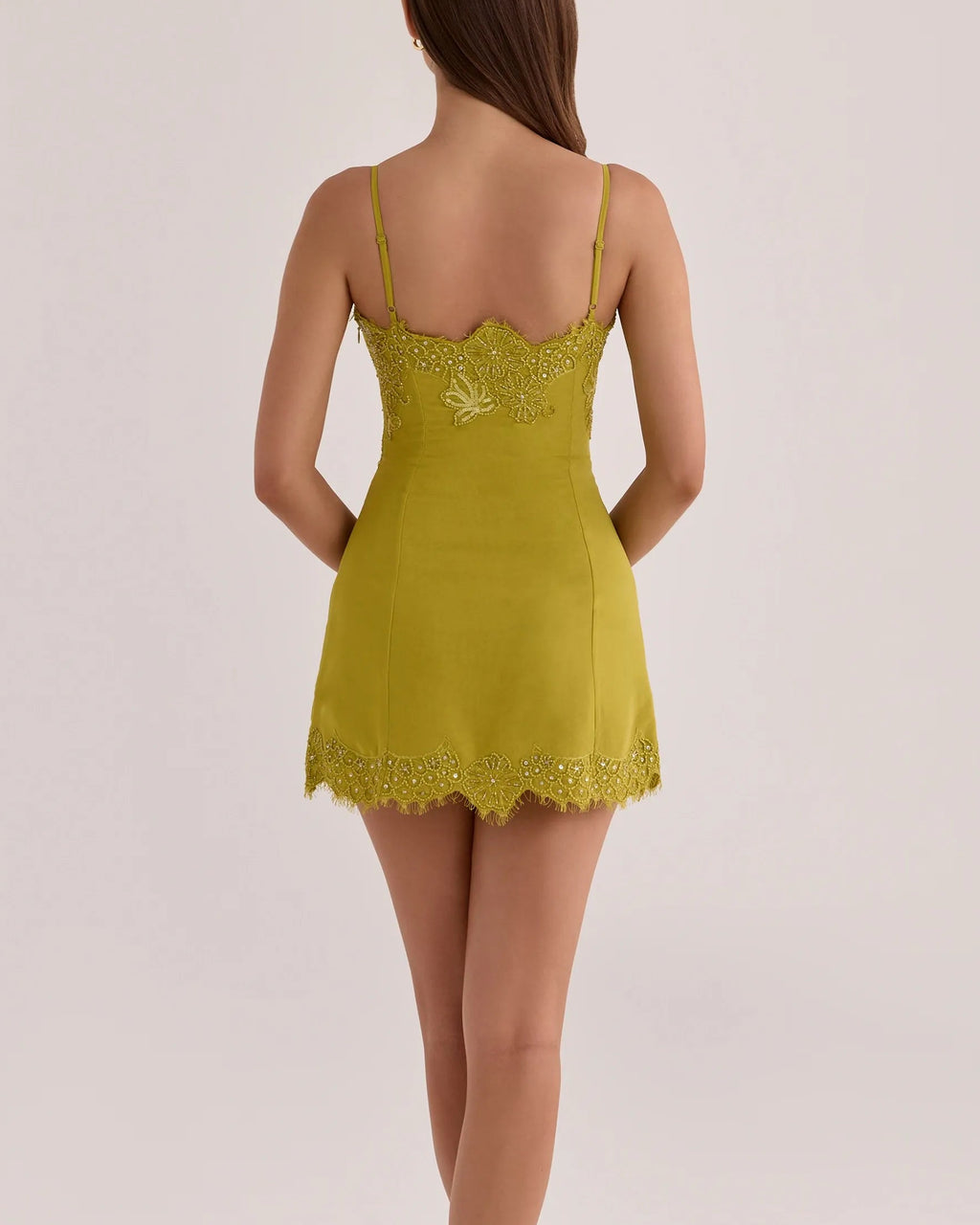 Mustard Yellow Lace Beaded Bustier Cami Mini Dress