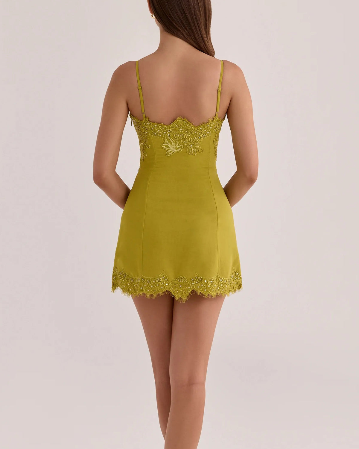 Mustard Yellow Lace Beaded Bustier Cami Mini Dress