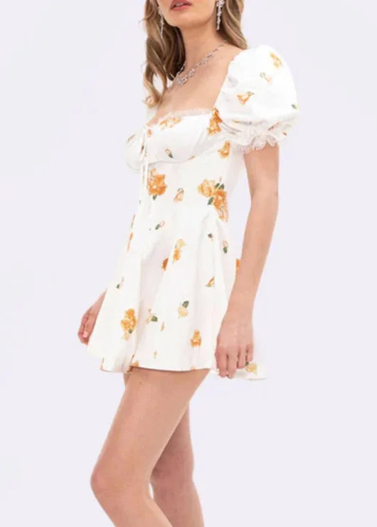 Women Square Neck Puff Sleeve Lace Trim Floral Print Mini Skater Dress