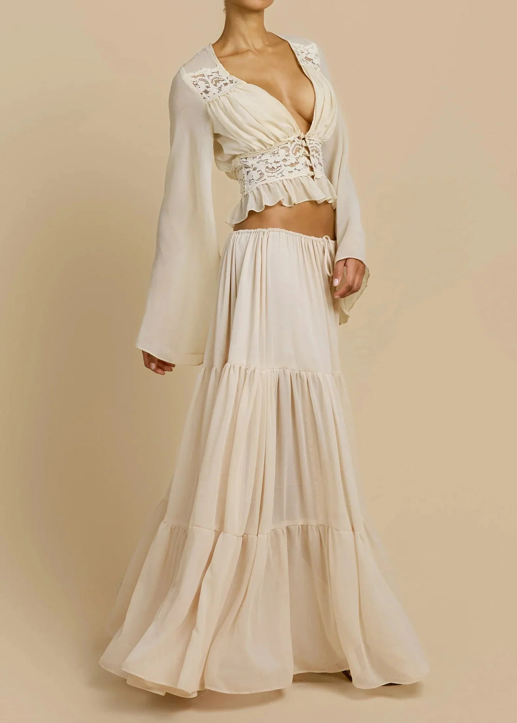 Lace Patchwork Flare Sleeve Waist Top + Tiered Ruffle Maxi Skirt Set