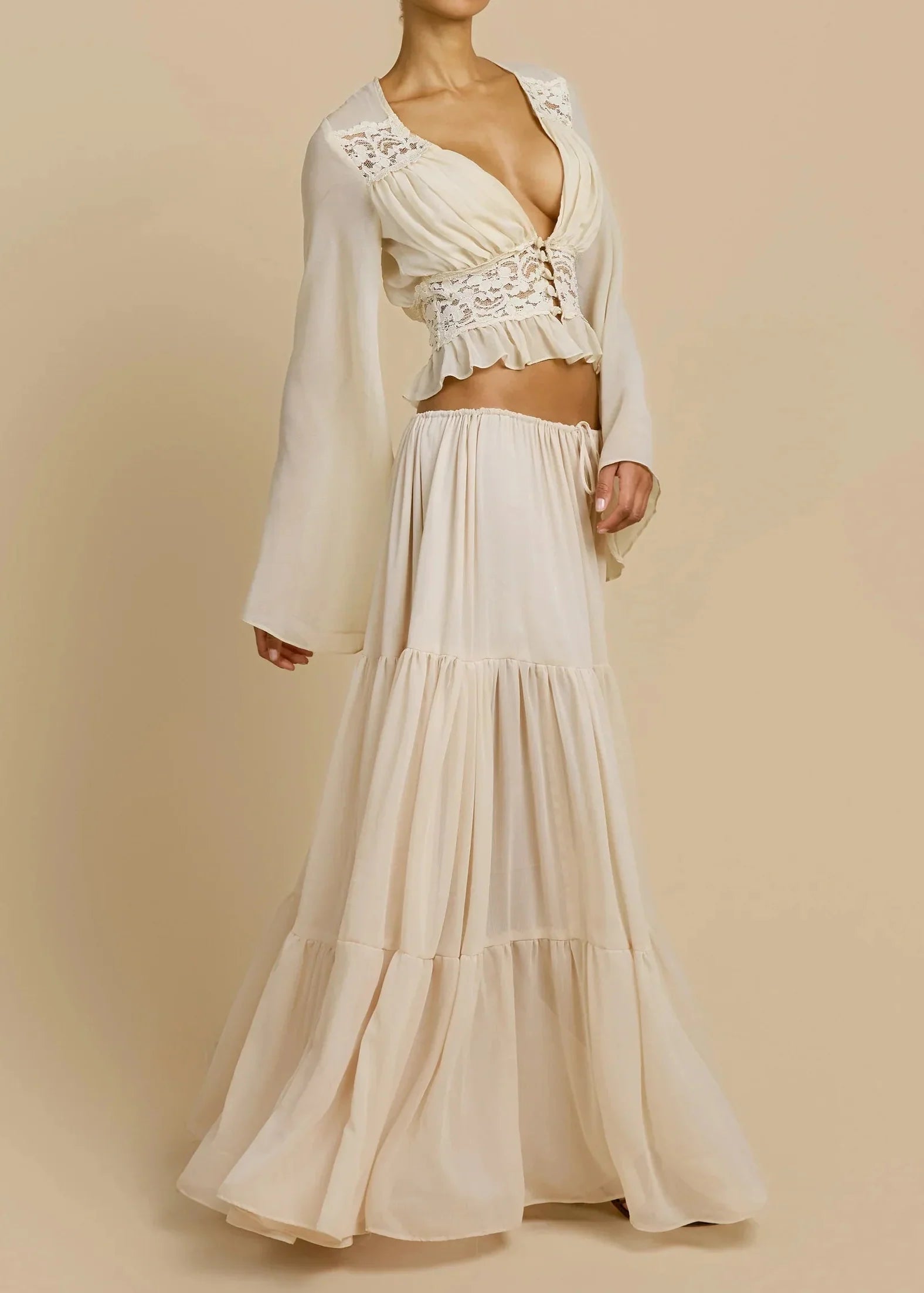 Lace Patchwork Flare Sleeve Waist Top + Tiered Ruffle Maxi Skirt Set