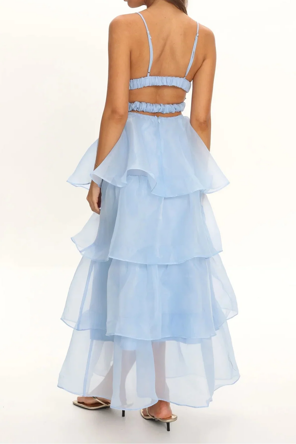 Light Blue V-Neck Spaghetti Strap Open Back Tiered Ruffle Cake Maxi Dress