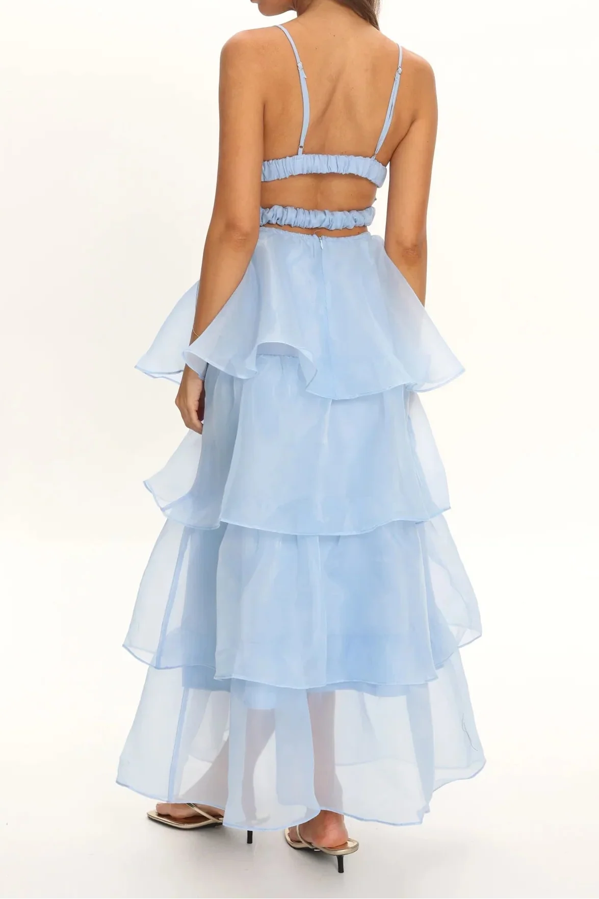 Light Blue V-Neck Spaghetti Strap Open Back Tiered Ruffle Cake Maxi Dress