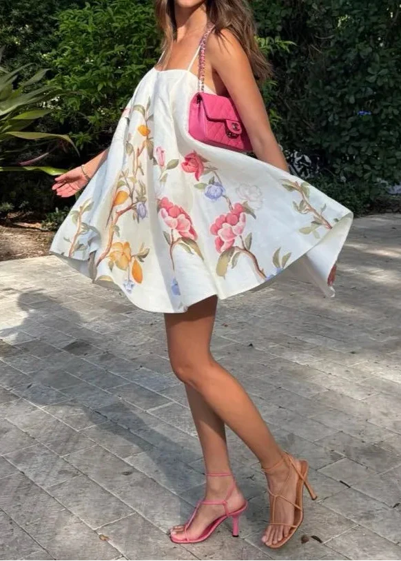 French Romantic Floral Print Cami A-Line Mini Dress